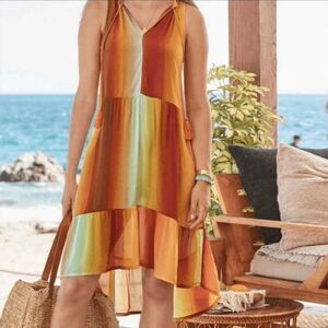 SUNDANCE Brand  ZIVAH Ombre Sunset Tiered V-Neck Tassel Tie Dress